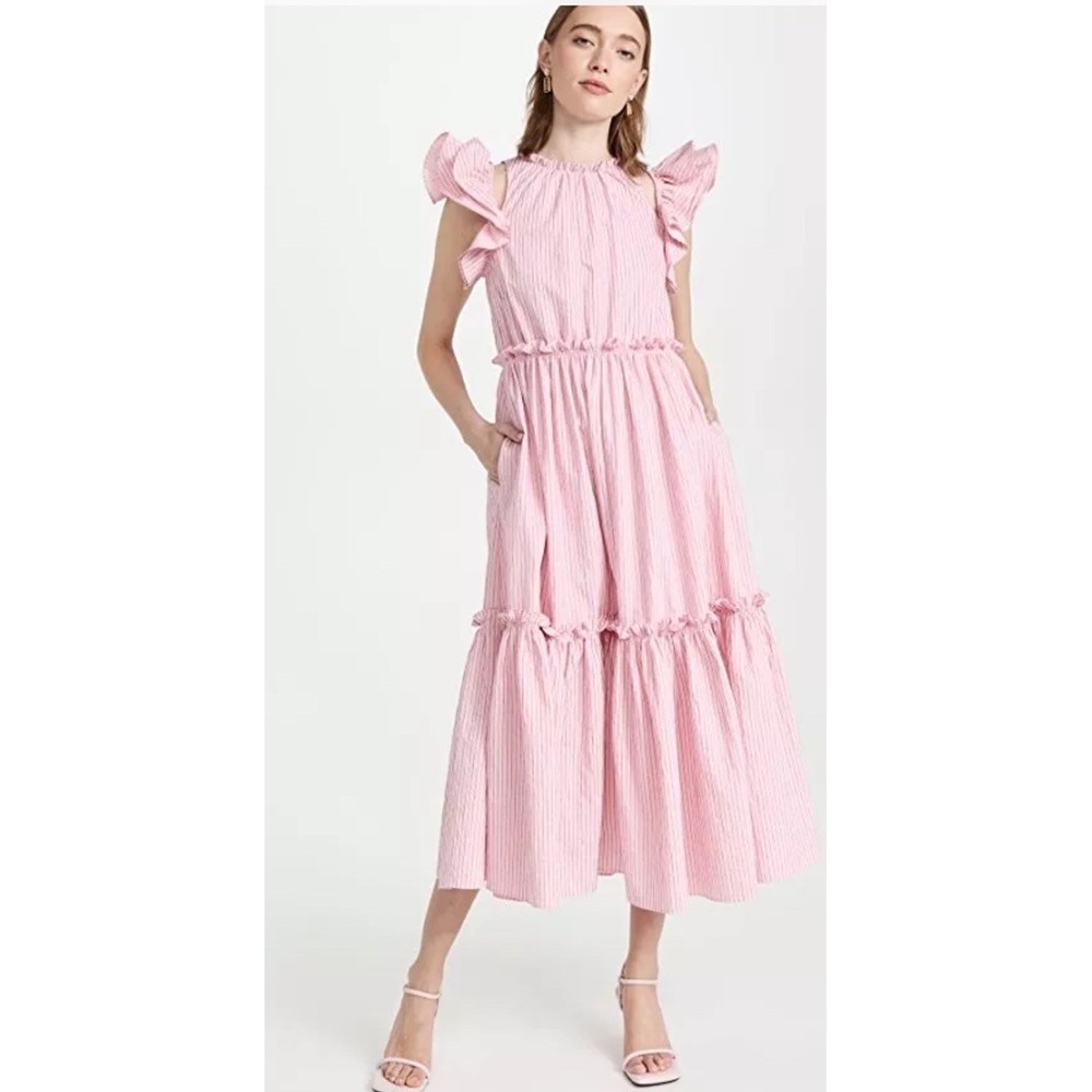 5 à 7 Cinq à Sept Sofia Stripe Yanin Midi Dress Pink Ruffle Sleeve Sz 0 R$445